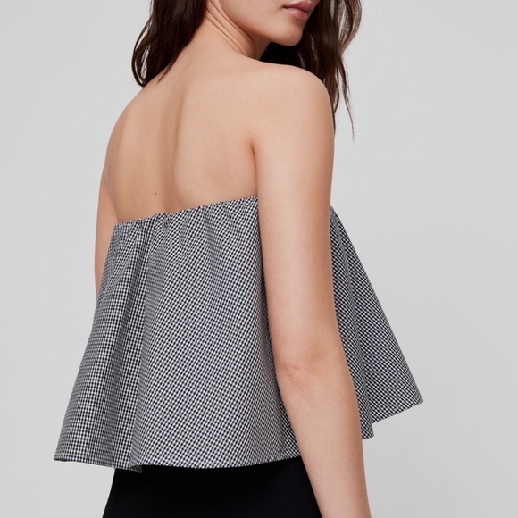 Aritzia Babaton Bandeau Ruffle Top Blouse Peplum Checkered Black White Size S - Picture 3 of 11
